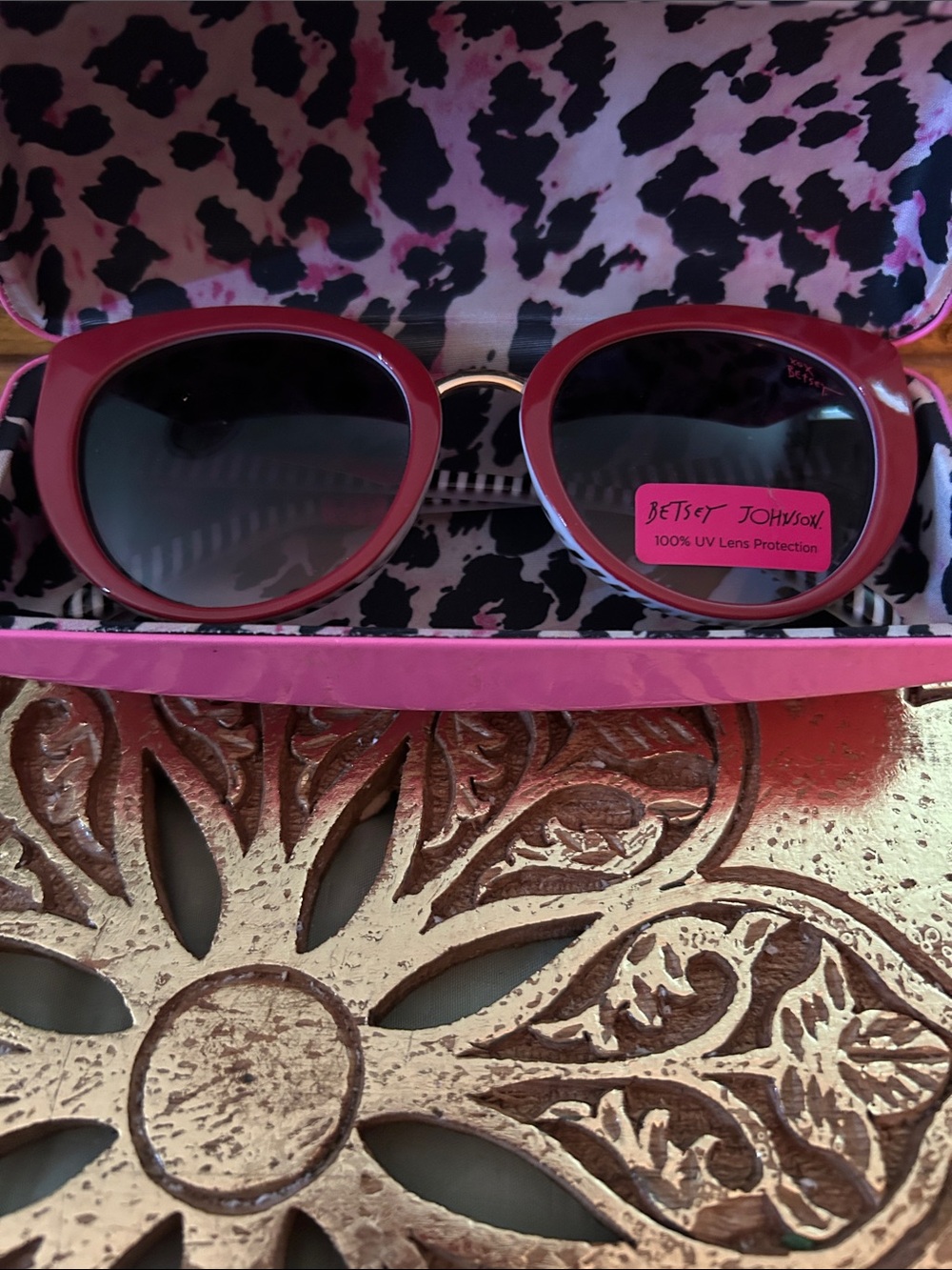 Betsey Johnson Red Round Sunglasses with Black and White Stripes Inside